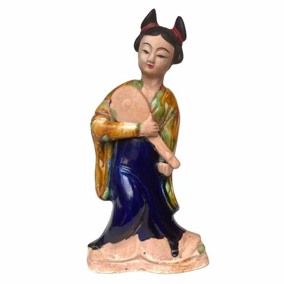 Chinese Antique Tang Sancai 13” Porcelain Glazed Sculpture Woman Musician